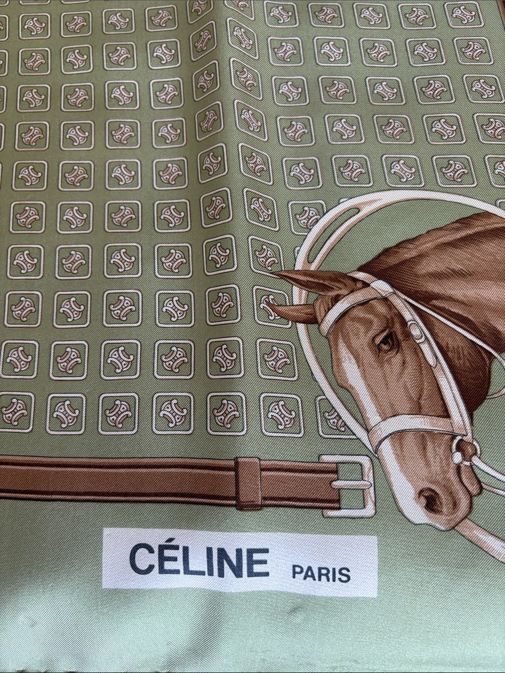 Vintage Celine Green Horse-Print Silk Scarf